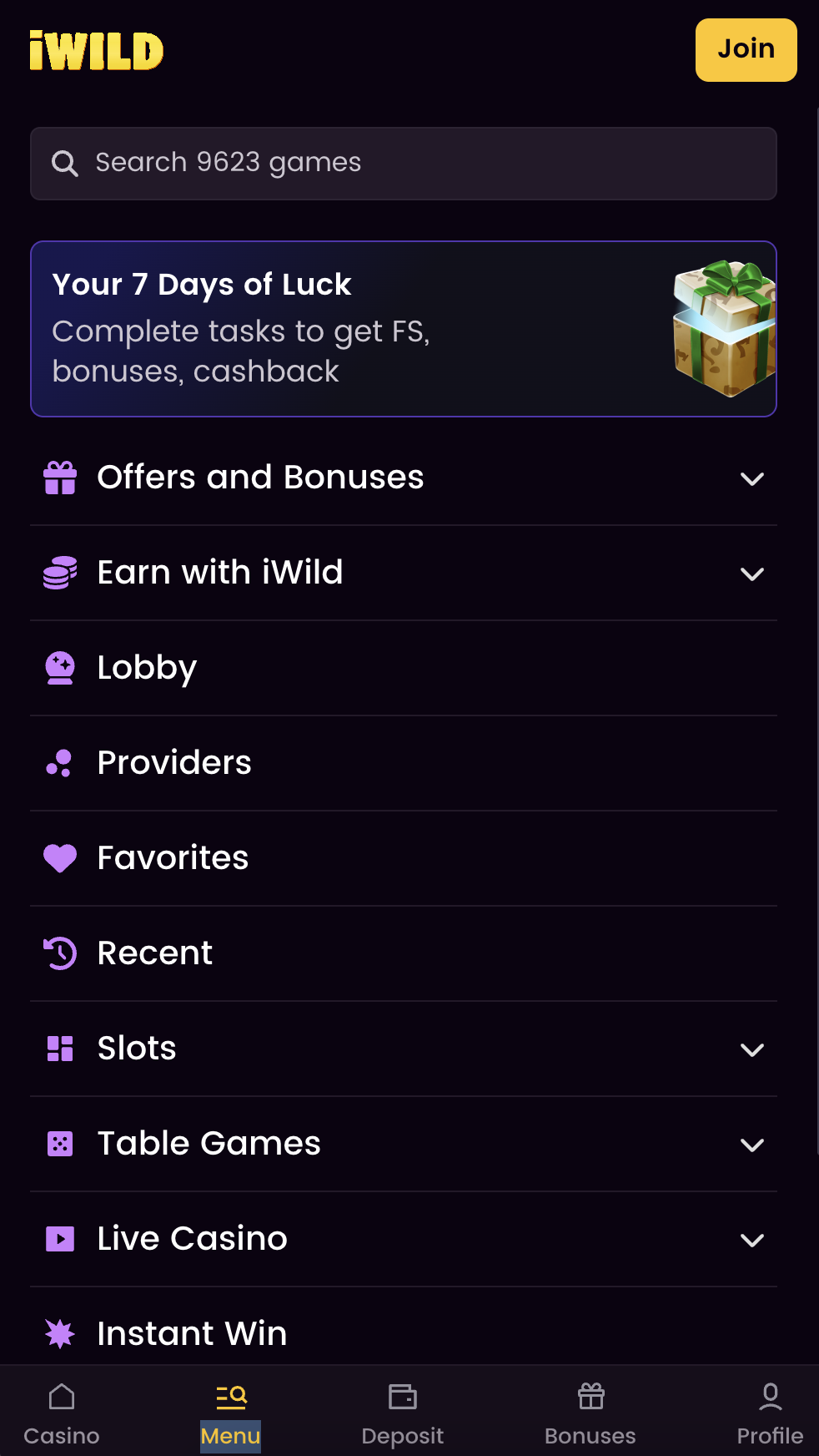 Mobilní menu iWild Casino